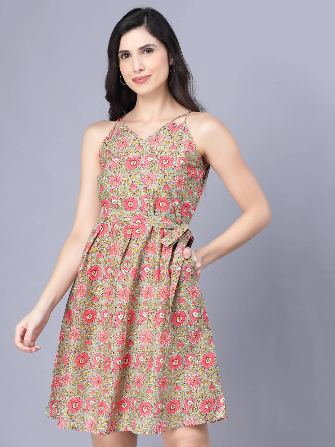 Myshka Cotton Printed Sleeveless Shoulder Straps Multicolor Women Dress