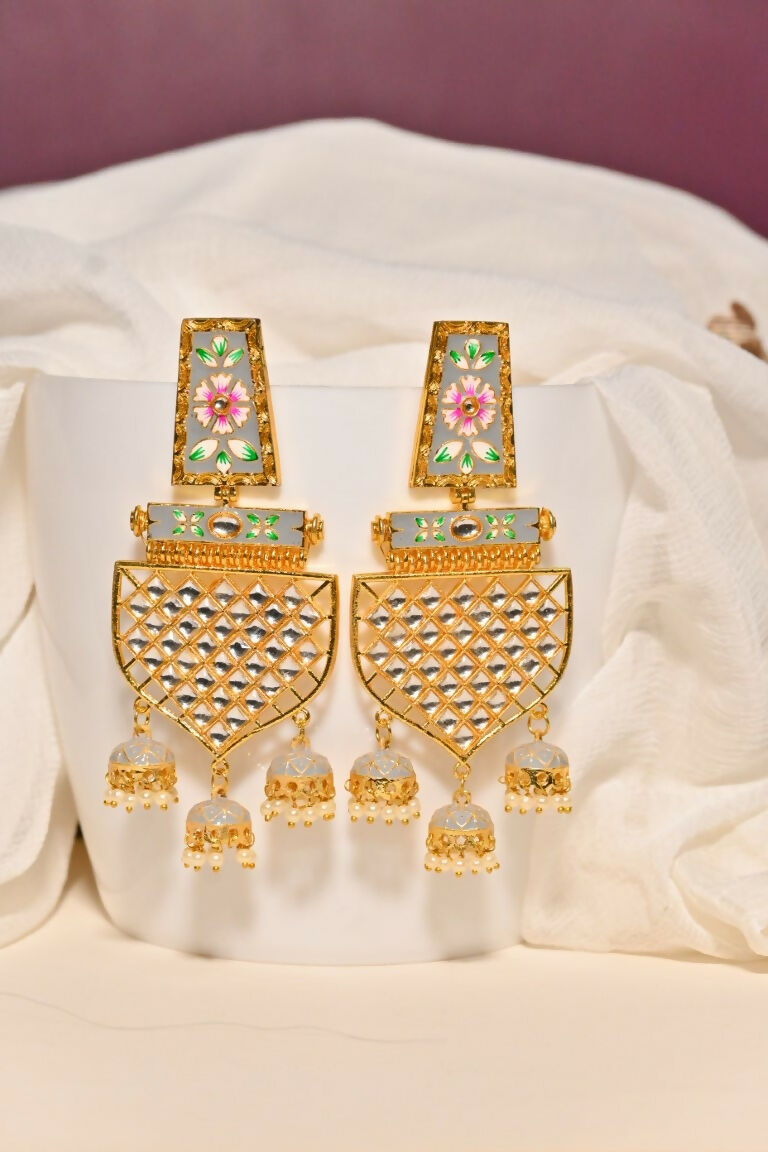 Grey Traditional Gold-Polished Meenakari Jhumka Jhumki Earrings Indian Jewellery For Women Girls By House of Ree House of Ree