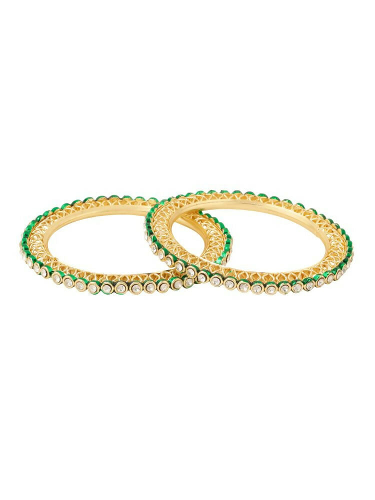 NVR Women Set of 2 Gold-Polished Green Kundan Studded Bangles 