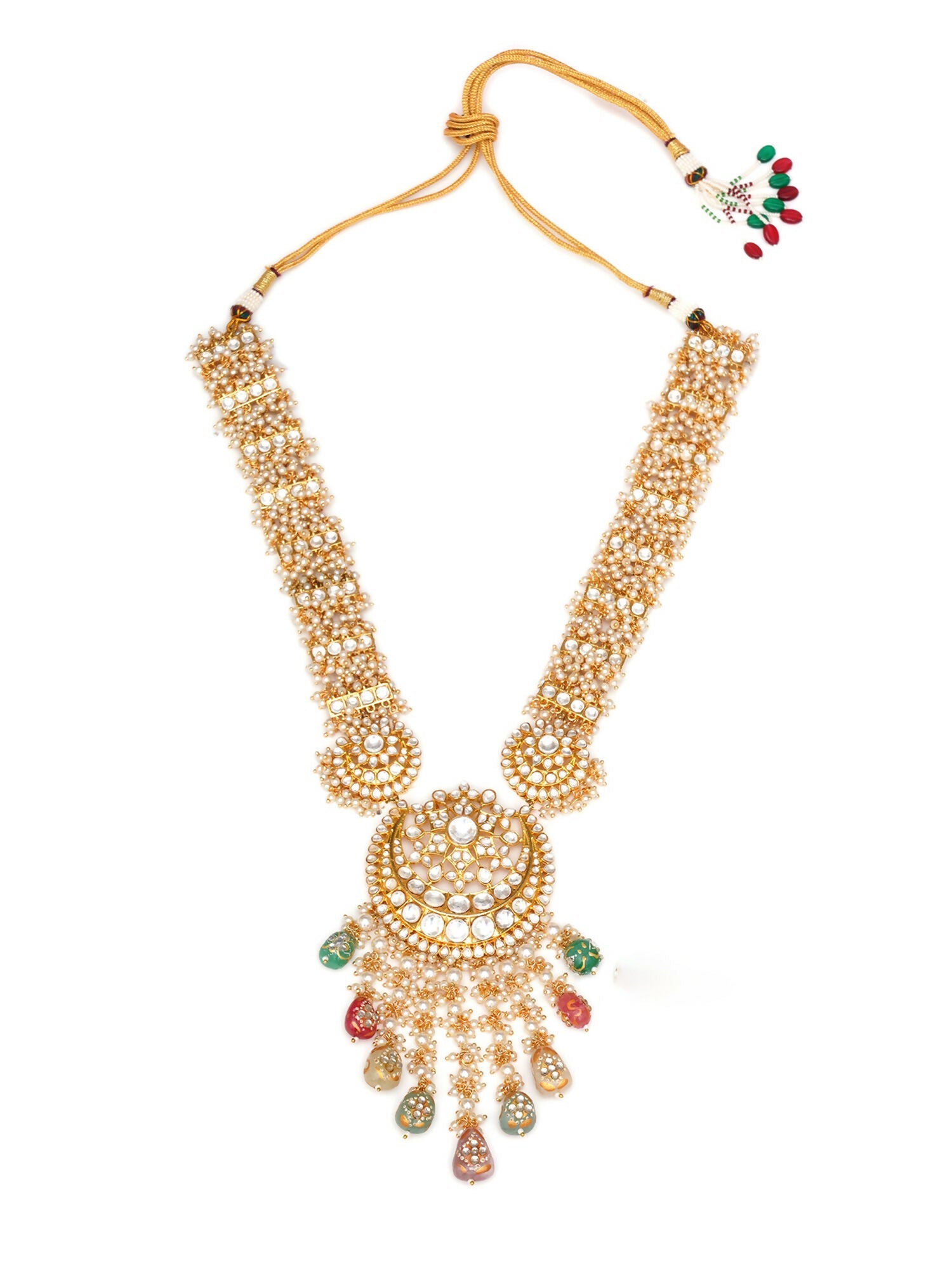 Long Kundan Neckpiece with Earrings & Maang Tikka with Multi Stones Jewellery Set (Gold) - Ruby Raang - Grab2buy