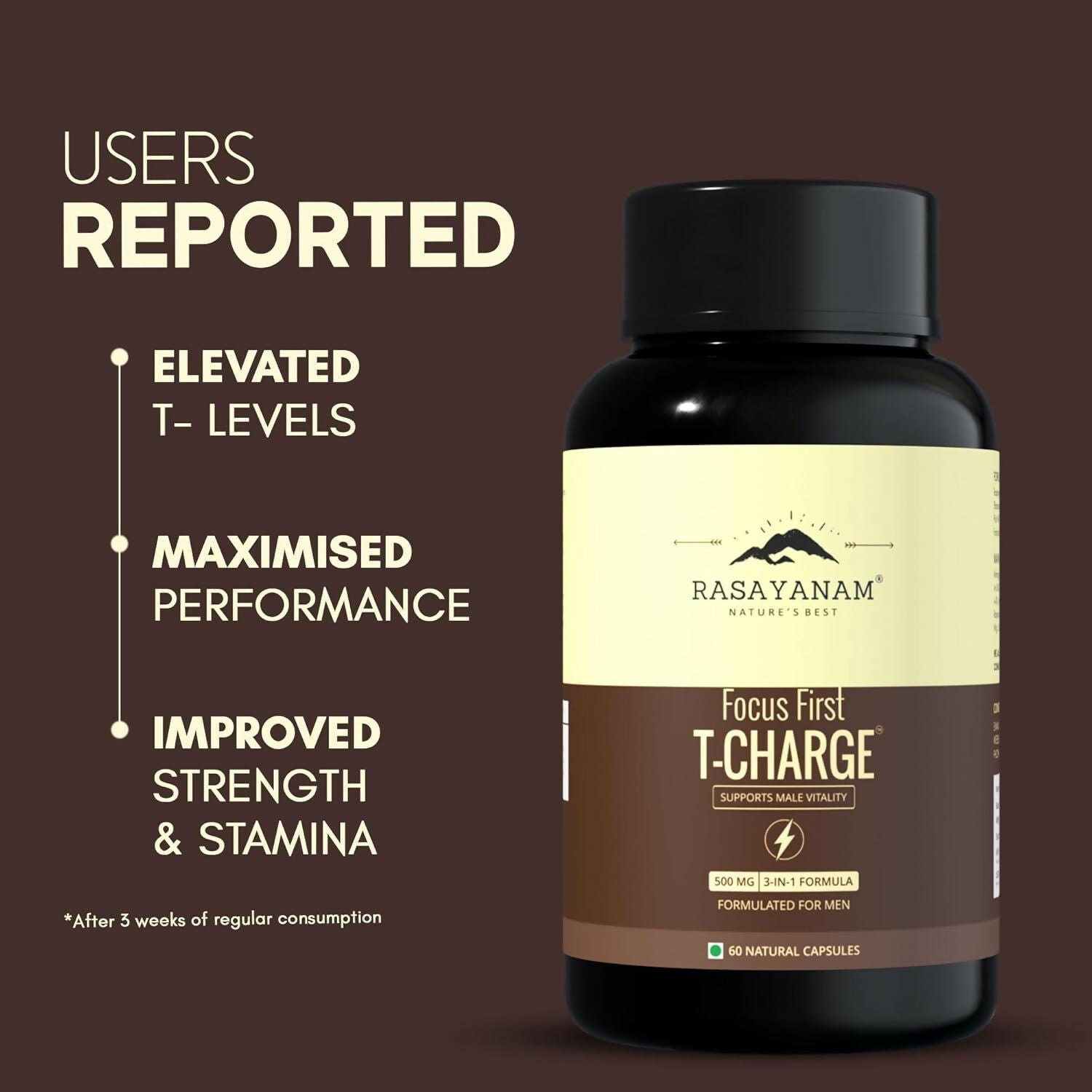 Rasayanam T-Charge Capsules (500mg) 3-in-1 Testosterone Supplement for Men with Sj 