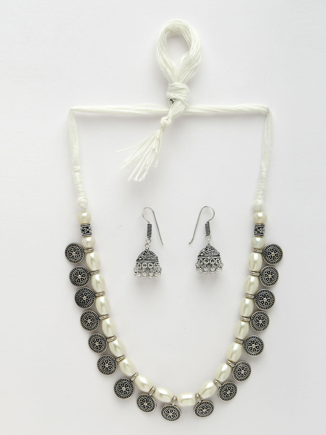 NVR Women's White Silver-Plated Choke Oxidized Necklace with Jhumka Earrings - Grab2buy