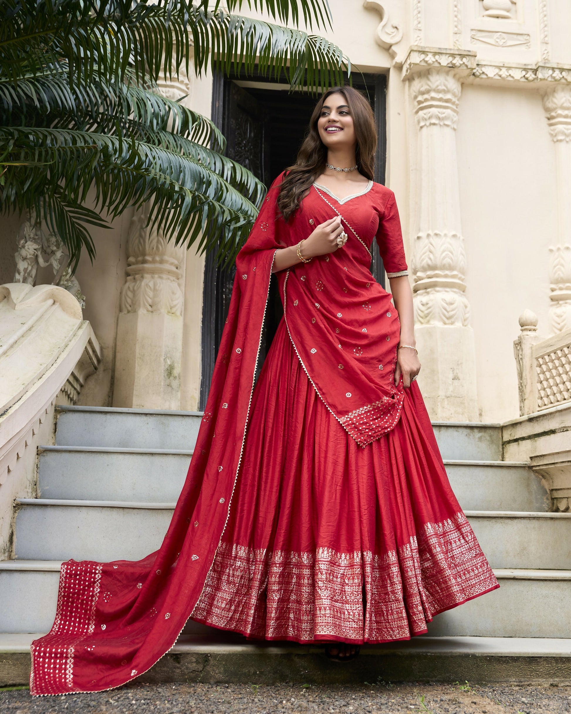 Lorenvalley Red Pure Chanderi Plain With Zari Weaving Work Border Lehenga Choli 