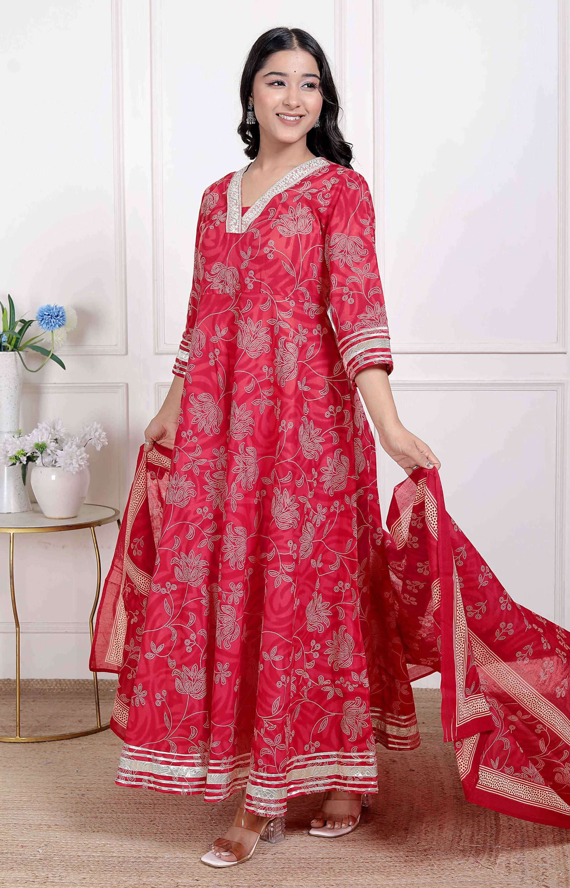 Miravan Women's red Embroidered Anarkali Kurta and Dupatta 