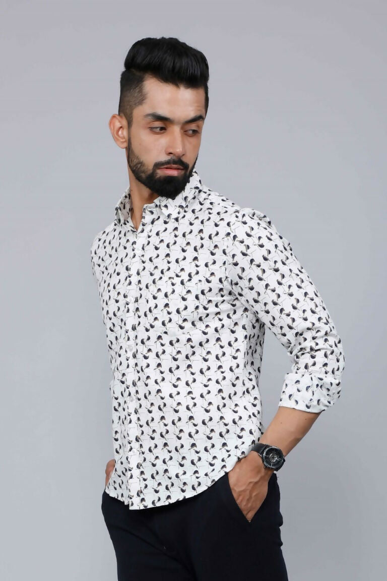 Miravan Men's White Spread Collar Bird Print Casual Shirt 