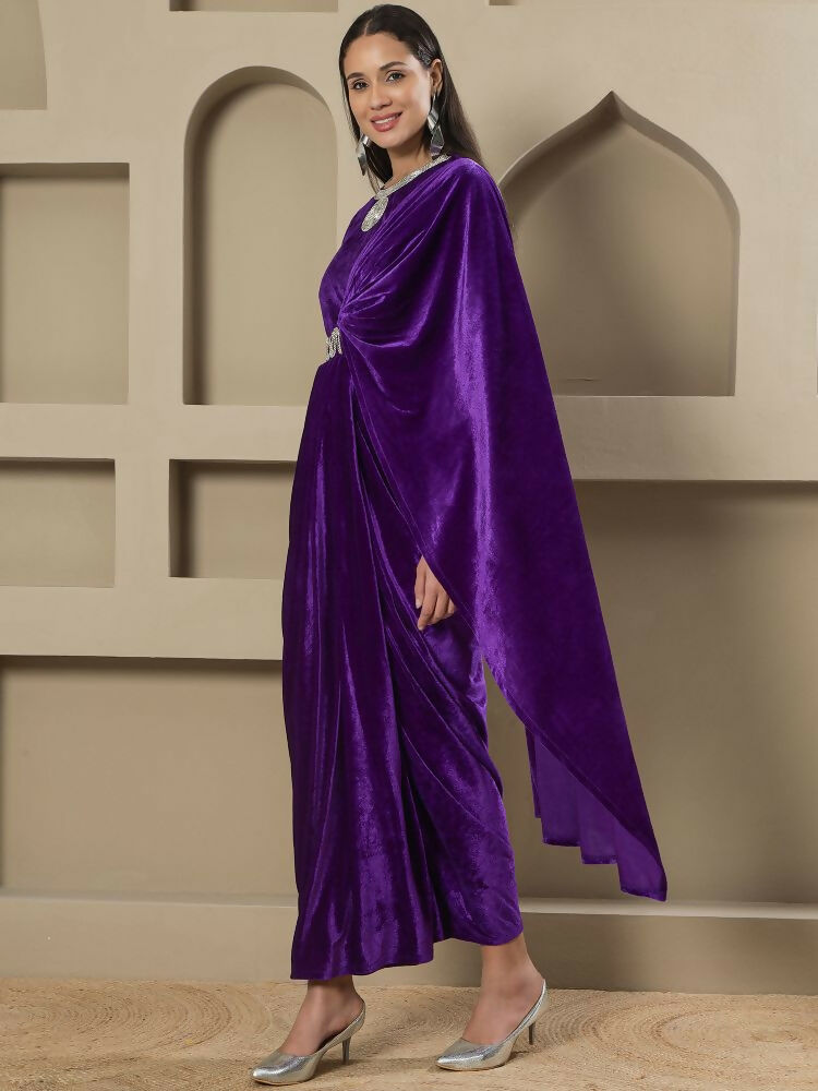 Joban Fashion Women Purple Velvet Hand Embellishment Stitched Dress