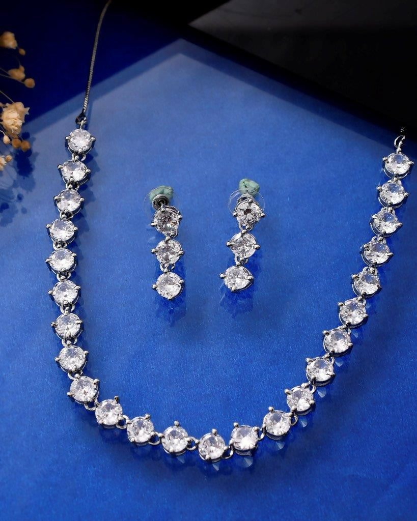 VOJ Silver Plated AD Studded Choker Jewellery Set 