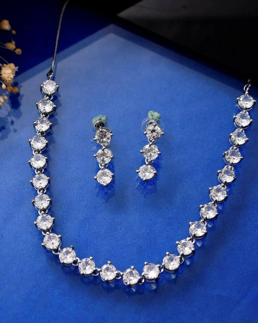 VOJ Silver Plated AD Studded Choker Jewellery Set 