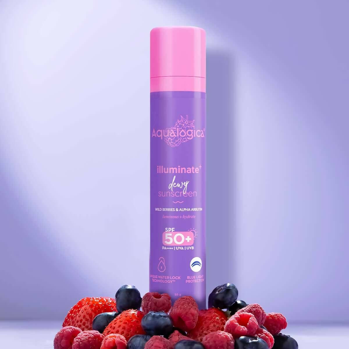 Aqualogica Illuminate+ Dewy Sunscreen SPF 50+ PA++++ with Wild Berries & Alpha Arbutin, Protection Against Uva/B & Blue Light Protection 