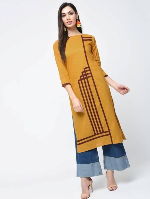 Aniyah Cotton Straight Mustard Color Kurta With Patchwork (AN-105K) | Grab2Buy