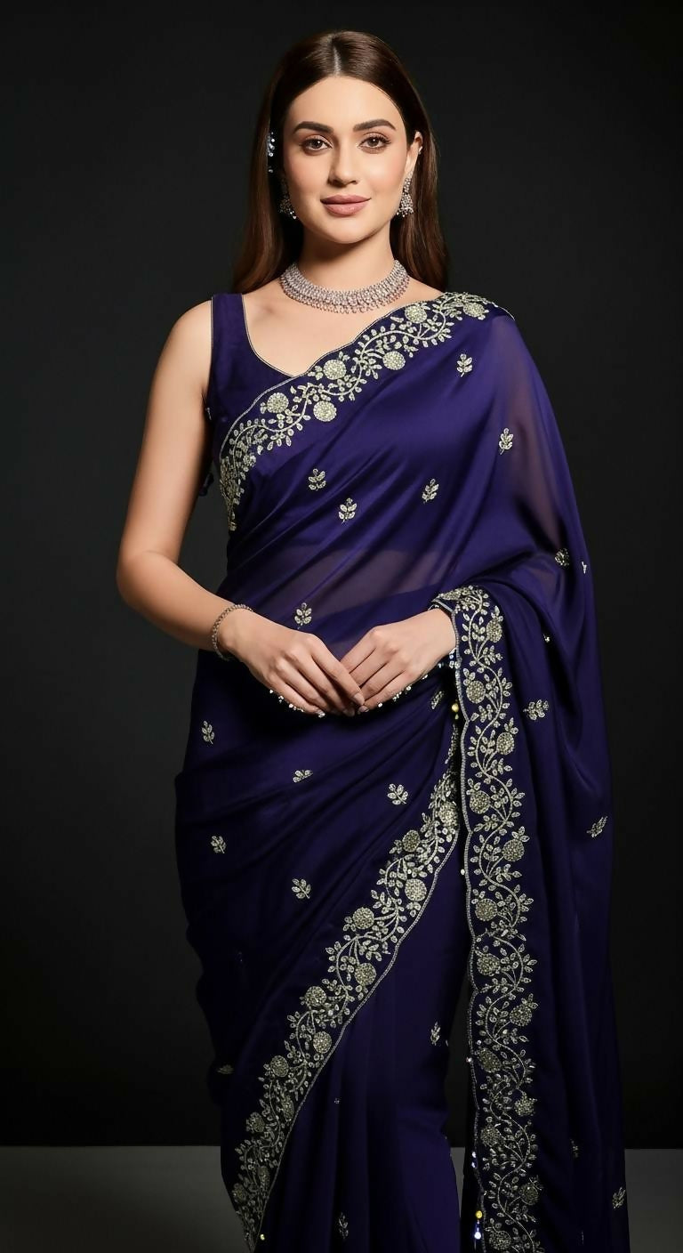 Joban Fashion Blue Fandy Satin Silk Party Wear Sarees