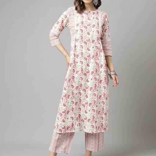 FIORRA Women's White Cotton A-line Kurta with Palazzo 