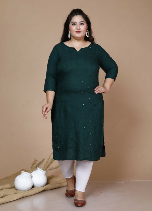 Miravan Women's Plus Size Green Embroidered Straight Kurti | Grab2Buy