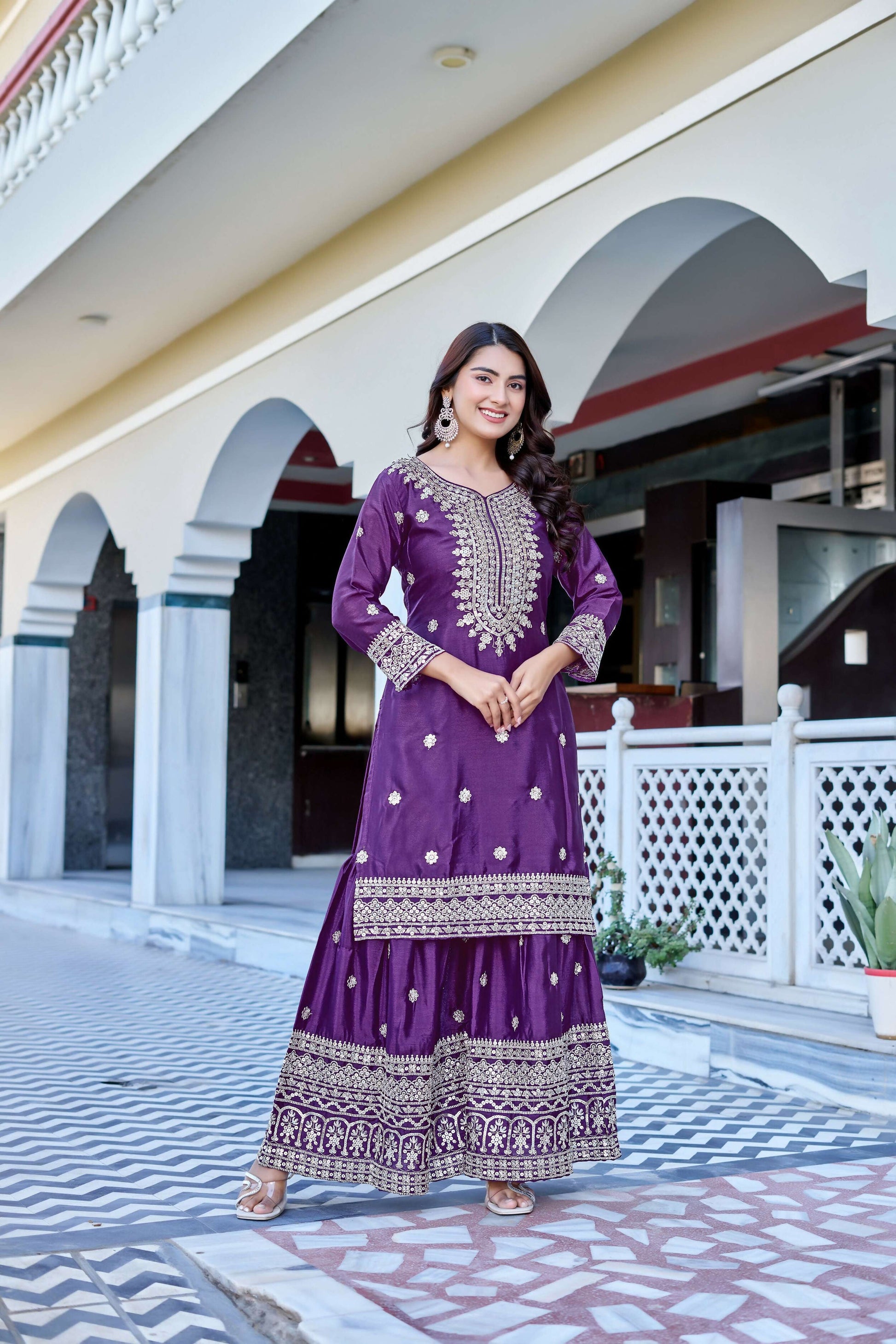 Teeya Creation Wine Color Chinon Silk Heavy Embroidery Work Wedding Wear Sharara