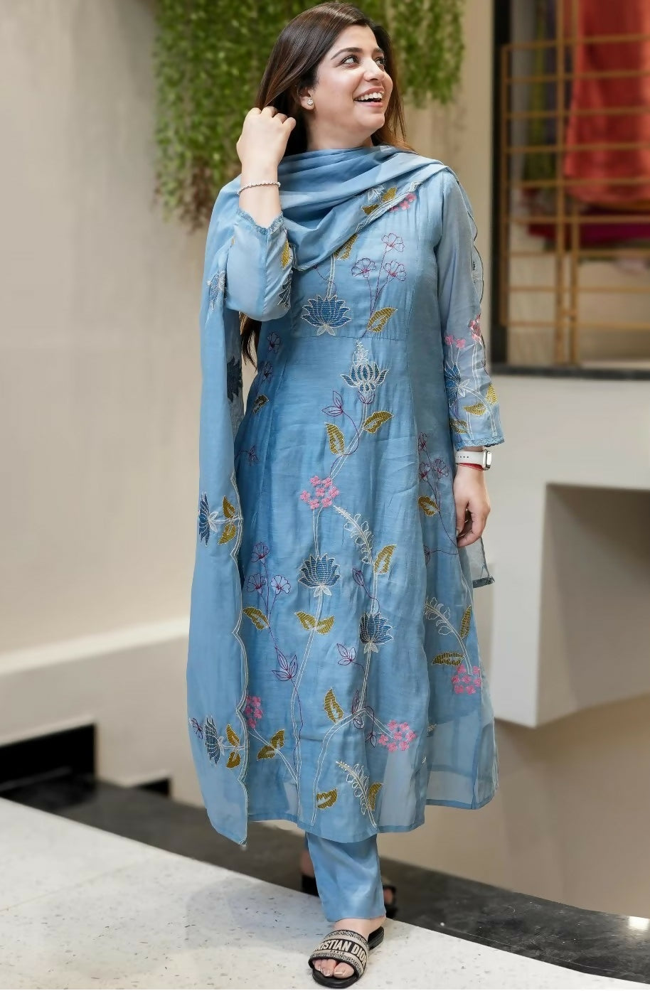 The52 Blue Women's Beautiful Cotton Fabric Thread Work Straight Kurta, Pant and Dupatta Set | Grab2Buy