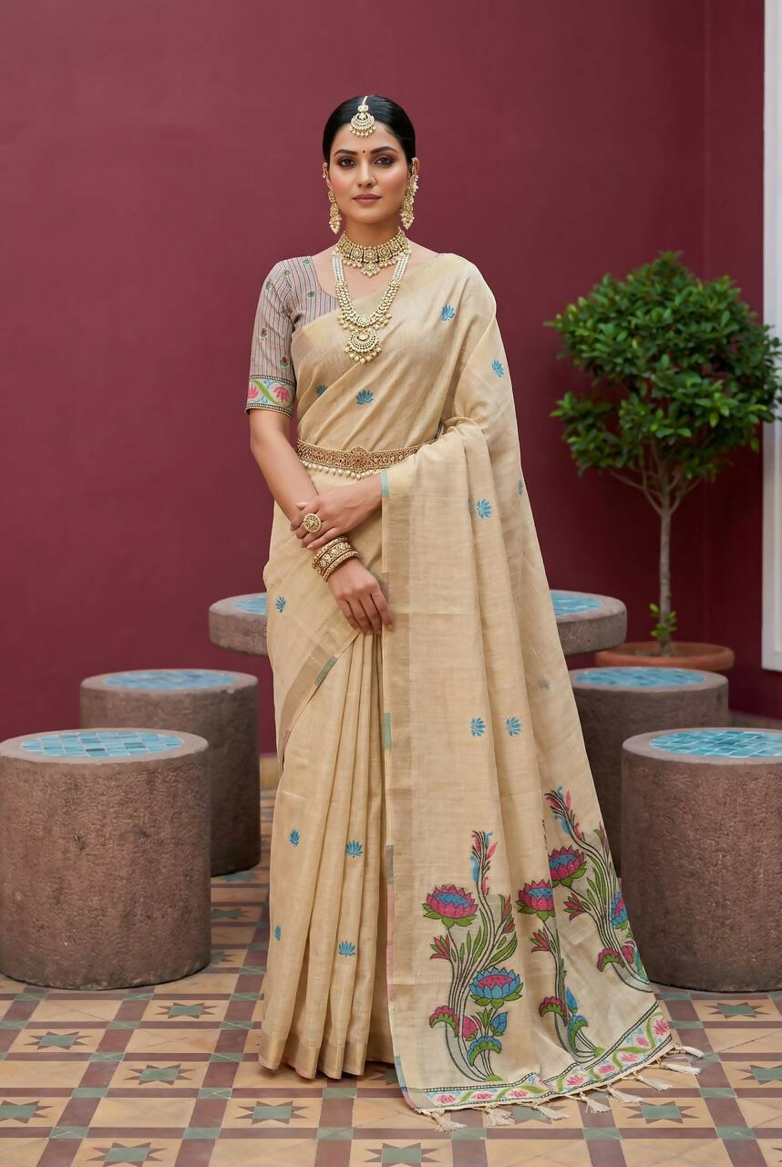 Vastranavya Cream Muga Cotton Meenakari & Azarakh Pallu Grab2Buy with Contrast Blouse  Grab2Buy Vastranavya Grab2Buy