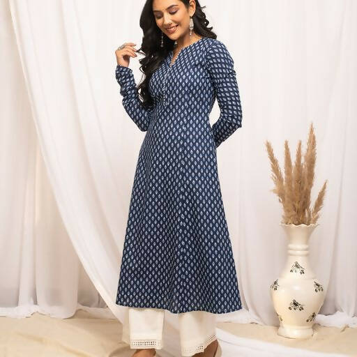 FIORRA Women's Floral Printed Navy Blue Cotton A-Line Kurta 