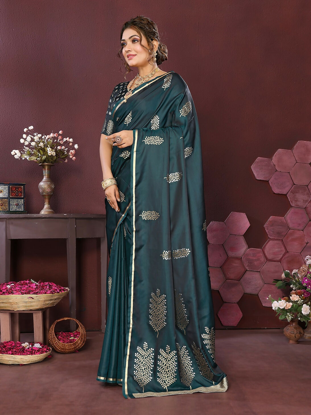 Joban Fashion Teal Floral Motifs Banarasi Silk Sarees 