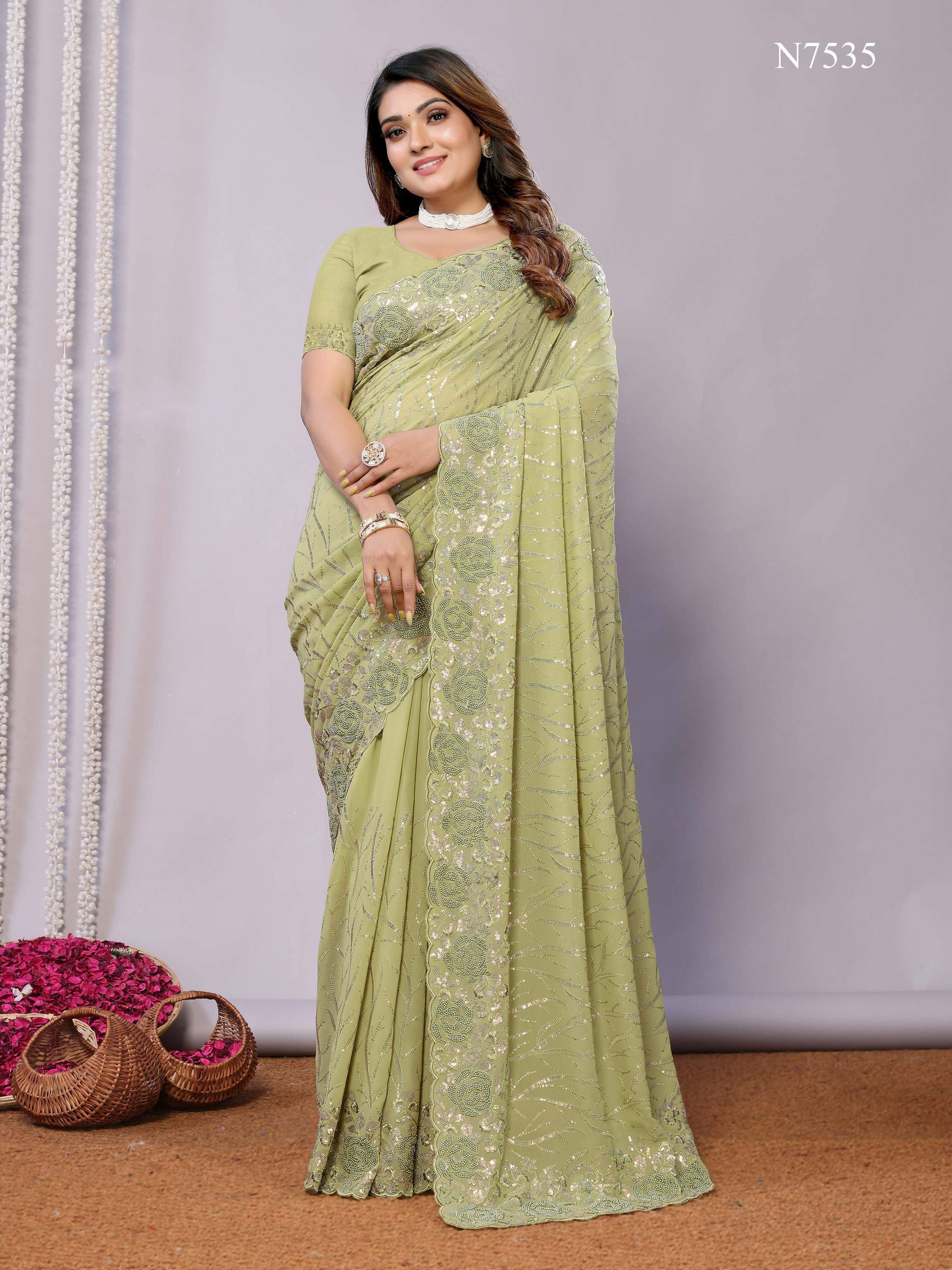 Gajari Pure Georgette Embroidered Saree With Stitched Blouse - Nimaya Kaksha