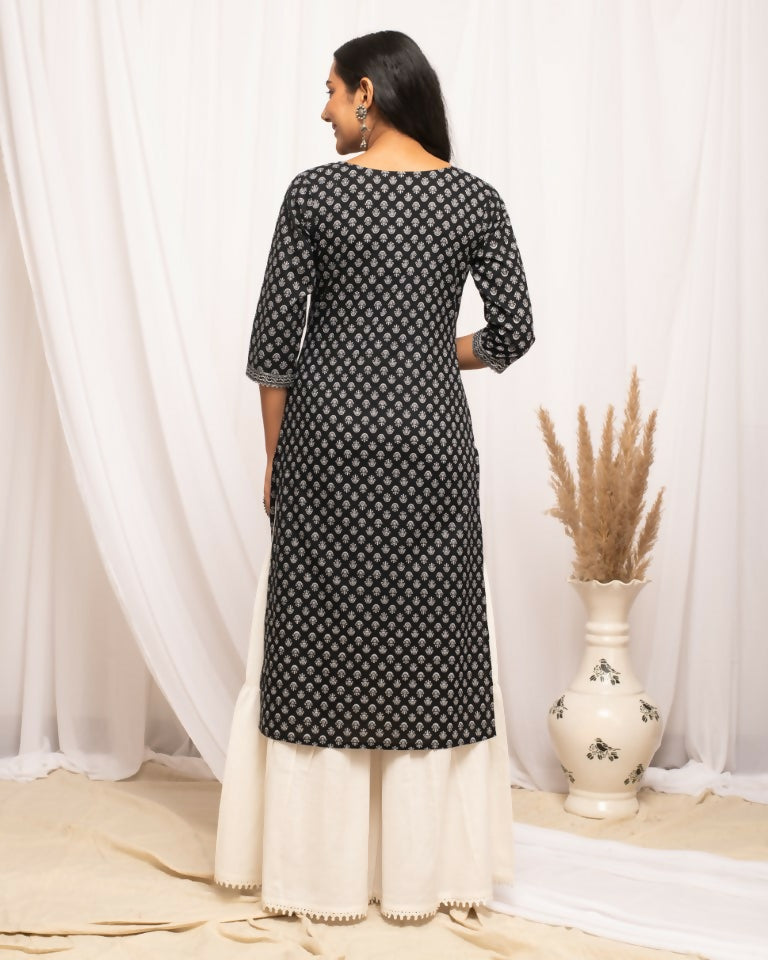 FIORRA Women's Floral Printed Black Cotton Straight Kurta 