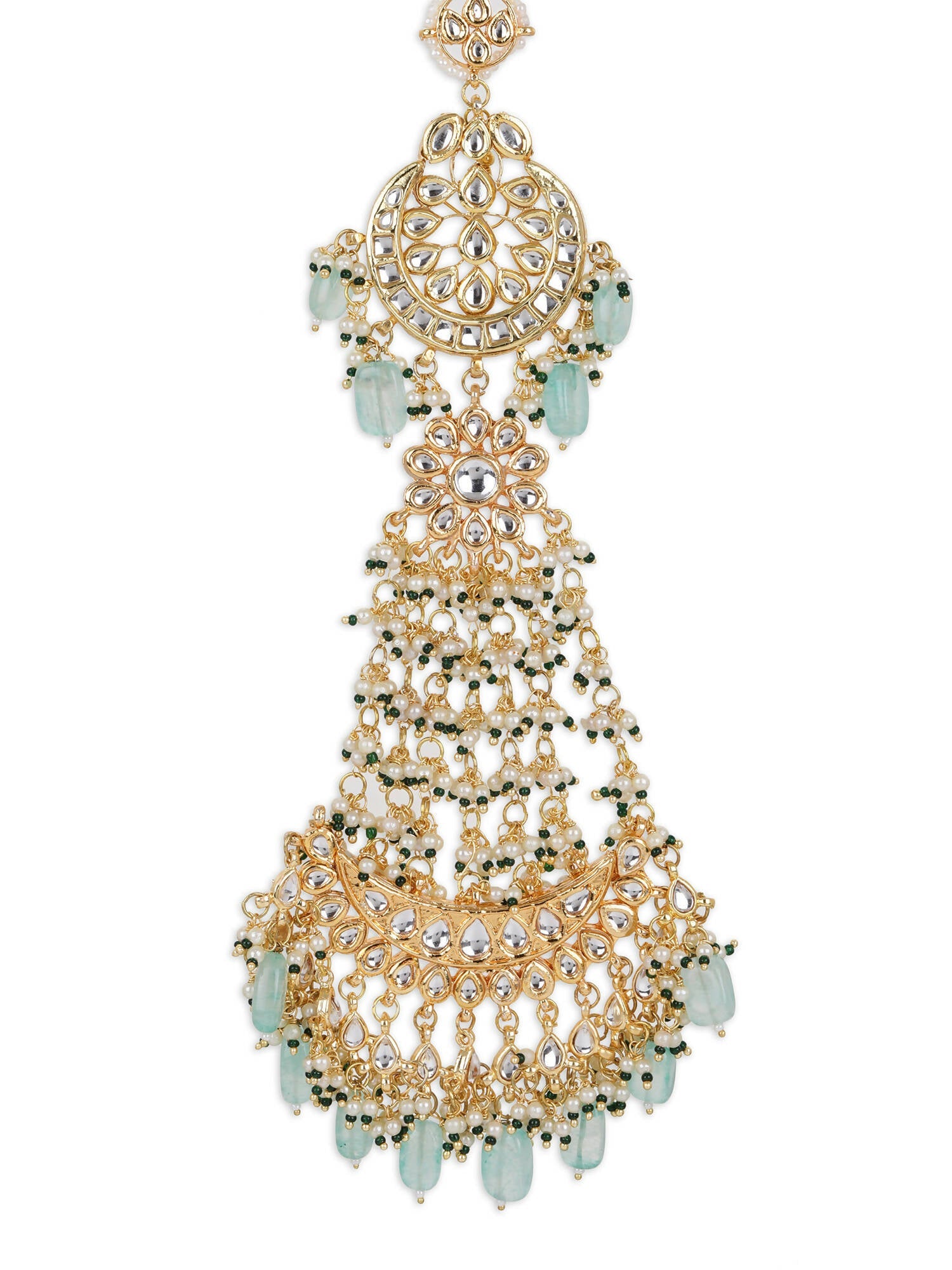 Gold-Plated White Blue Kundan-Studded Pearl Beaded Matha Patti - Ruby Raang - Grab2buy