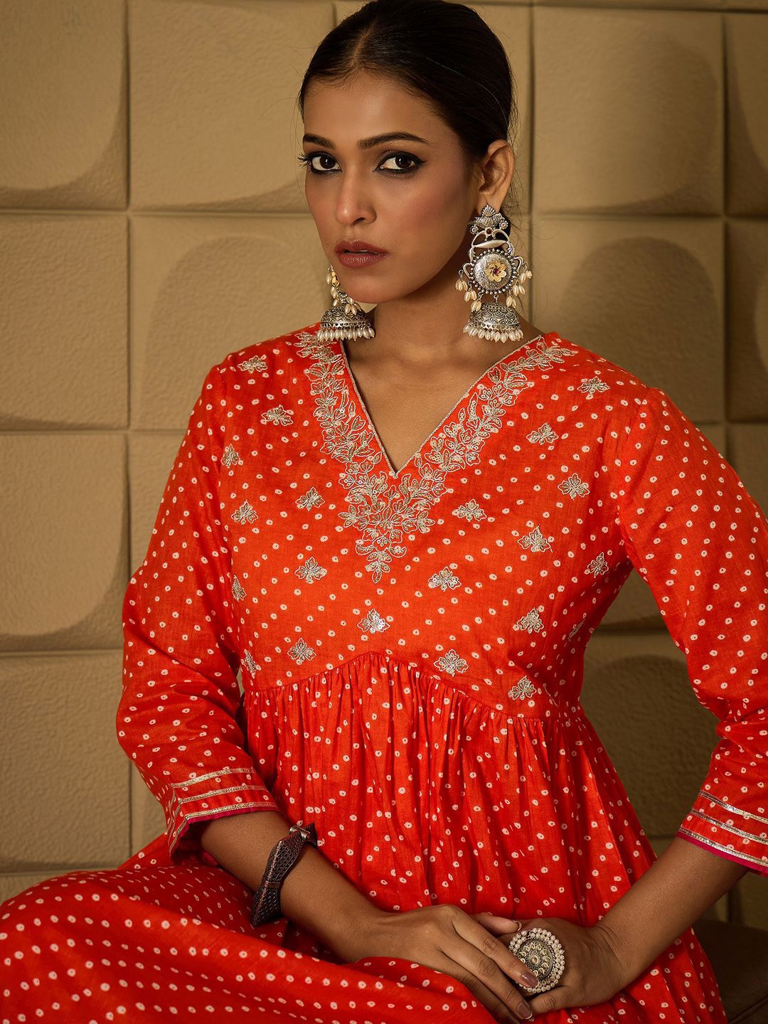 Indo Era Bandhani Embroidered Empire Sequined A-Line Pure Cotton Kurta With Trousers