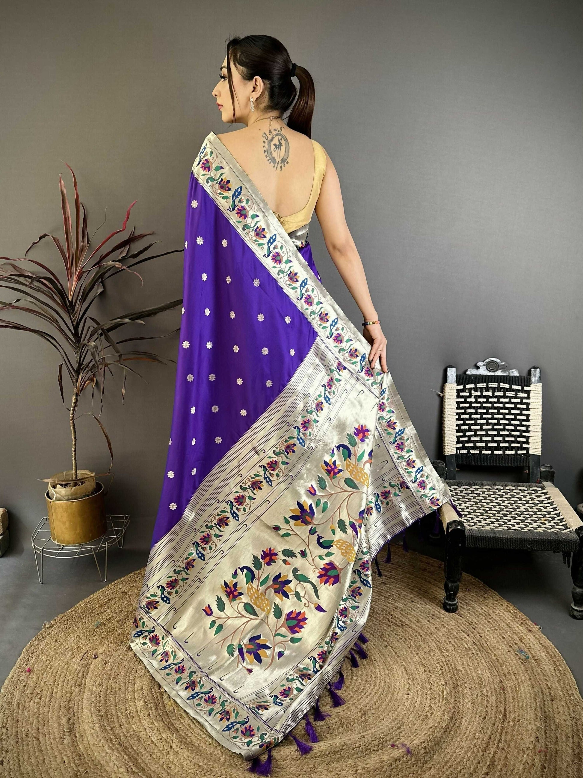 Prime Volt Premium Soft Silk Mayur Paithani Saree with Peacock Meena Weaving & Rich Pallu-Royal Purple