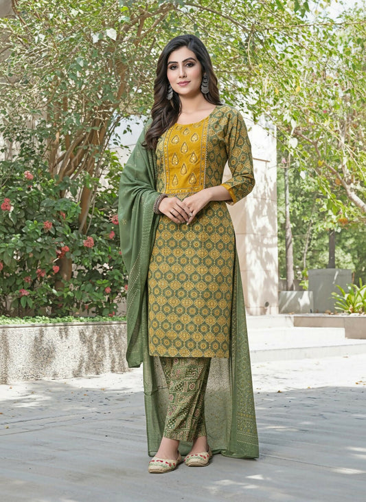 BulBul Aaliya Green Elegance Cotton Kurta Set with Embroidered Organza Dupatta