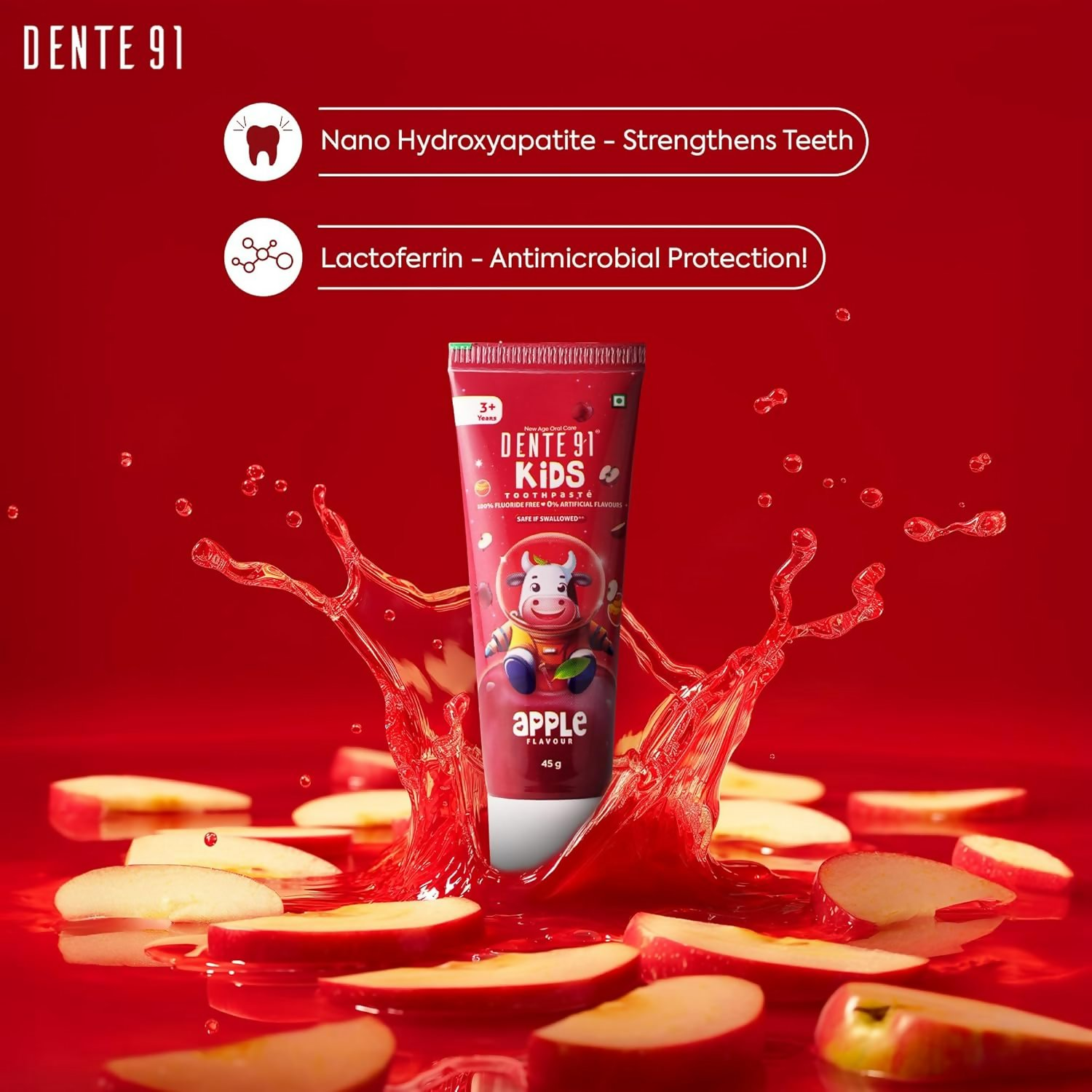 Dente91 Kids Toothpaste Protects Against Dental Caries & Hypersensitivity Fluoride Free Apple Flavour 