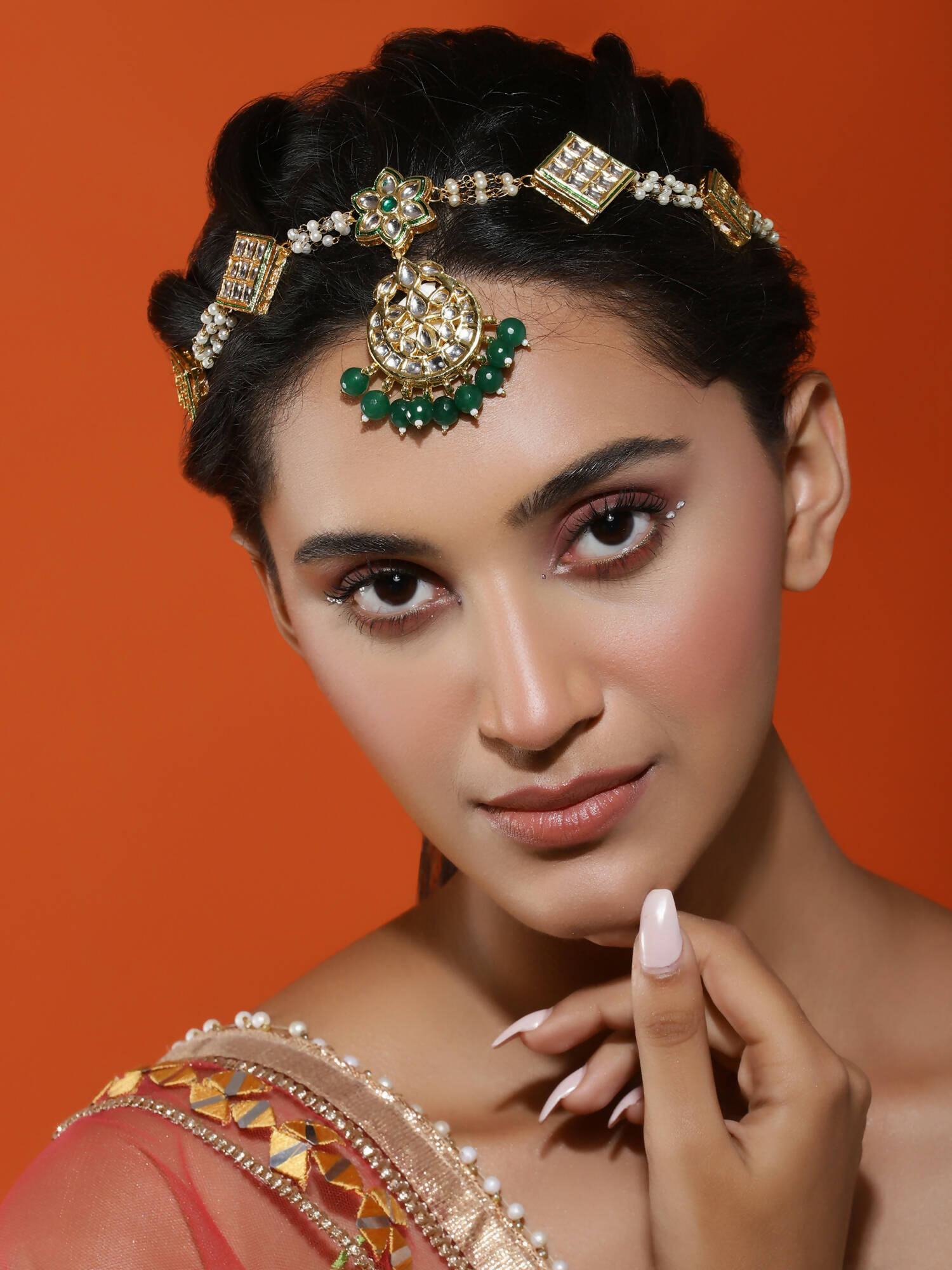 Gold-Plated White Green Kundan-Studded Pearl Beaded Matha Patti - Ruby Raang - Grab2buy