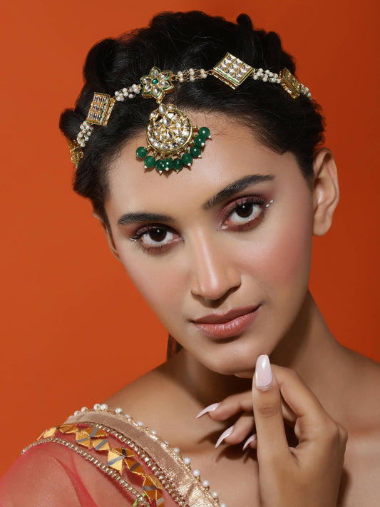 Gold-Plated White Green Kundan-Studded Pearl Beaded Matha Patti - Ruby Raang - Grab2buy