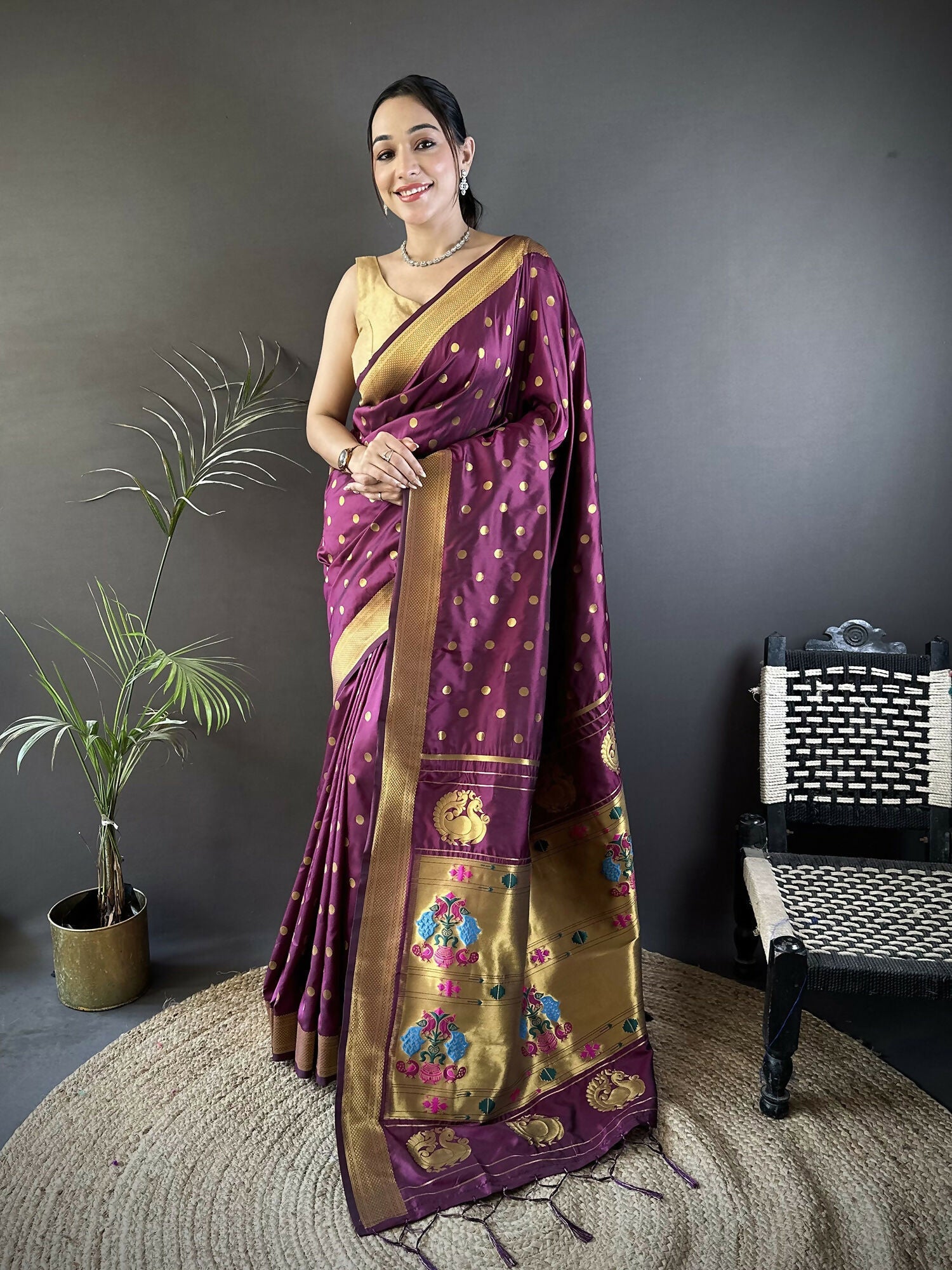 Joban Fashion Wine Polka Dot Lichi Silk Paithani Silk Saree