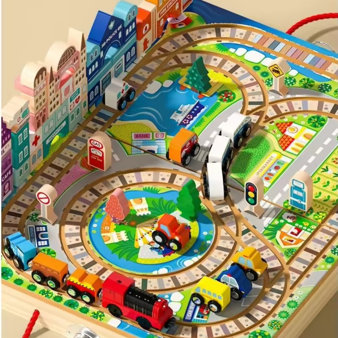 Nesta Toys Wooden Train Set with Building Blocks, Montessori Toys, City Building Toy, Cars & Vehicle Toys for Kids