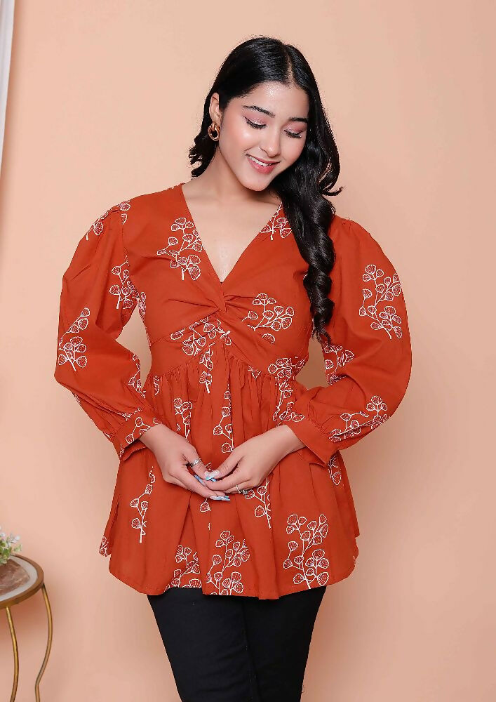 Miravan Womens Rust Floral Printed Balloon Sleeves V Neck Butterfly Top