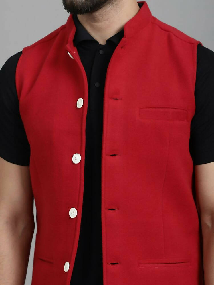 Even Apparels Nehru Jacket With Welt Pockets - Red 