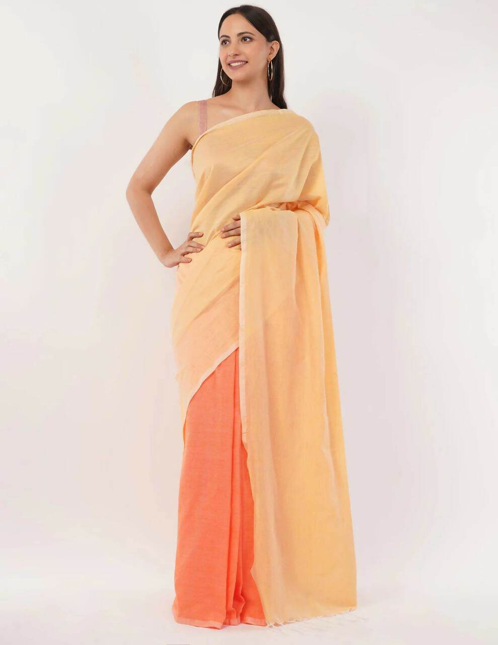 Exclusive Collection Beautiful Khadi Cotton Cream Light Orange Light Yellow Handloom Grab2Buy 