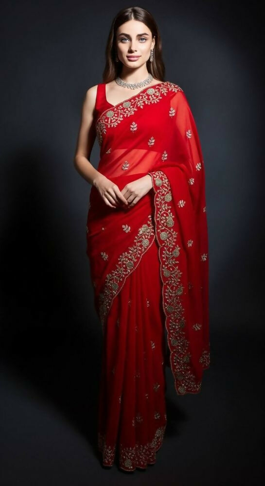 Joban Fashion Red Fandy Satin Silk Party Wear Sarees