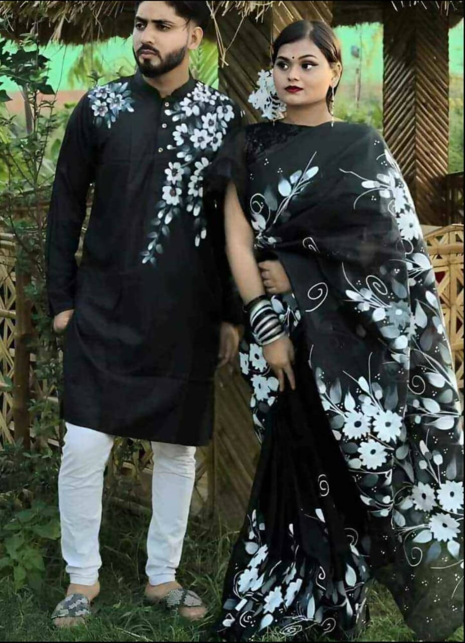 Exclusive Collection Elegant Hand Printing Designe On Pure Cotton Grab2Buy And Men's Kurta - Black 