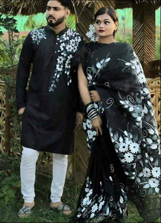 Exclusive Collection Elegant Hand Printing Designe On Pure Cotton Grab2Buy And Men's Kurta - Black 