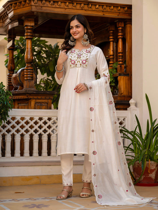 Pramukh Fab White Color Viscose Mango Silk Kurta Set