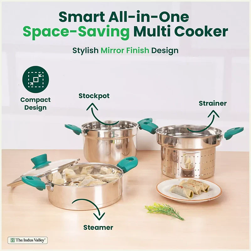 The Indus Valley Tri-steel Multi Cooker Pot Premium Stainless Steel Momo Maker/ Idiyappam/ Biryani/ Veg Steaming Set, 3 Pots, 21cm  Grab2Buy The Indus Valley Grab2Buy