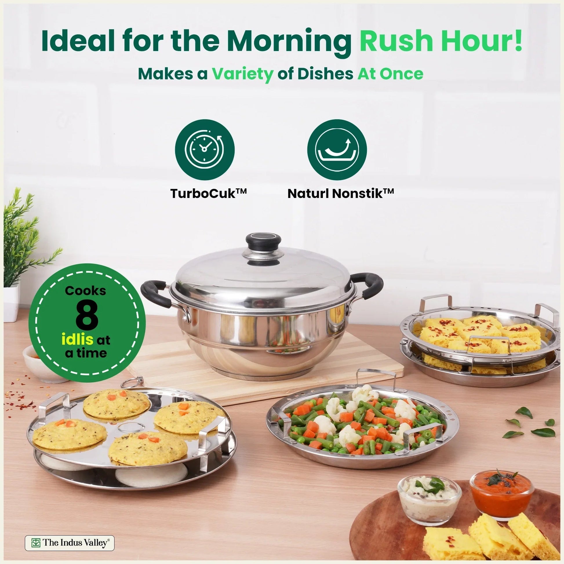 The Indus Valley 8 Pit Tri-Steel Multi Pot Premium Stainless Steel Idli/ Dhokla/ Momo Maker/ Veg Steaming Set, Tri-ply Induction Bottom, 5 Plates, 3L  Grab2Buy The Indus Valley Grab2Buy