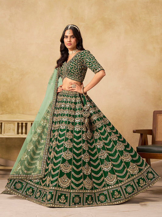 Monjolika Fashion Green Color Zari Embroidered Work Art Silk A Line Lehenga Choli