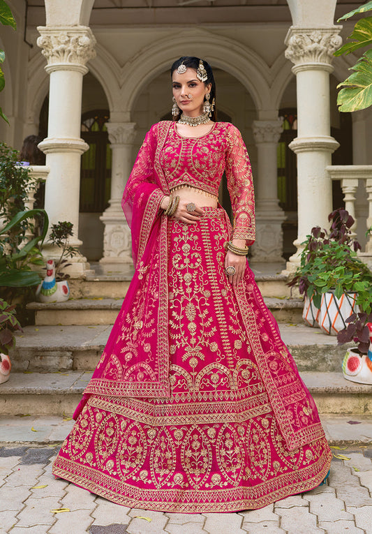 Monjolika Fashion Rani Pink Butterfly Net Embroidered Work Stunning Lehenga For Wedding Season