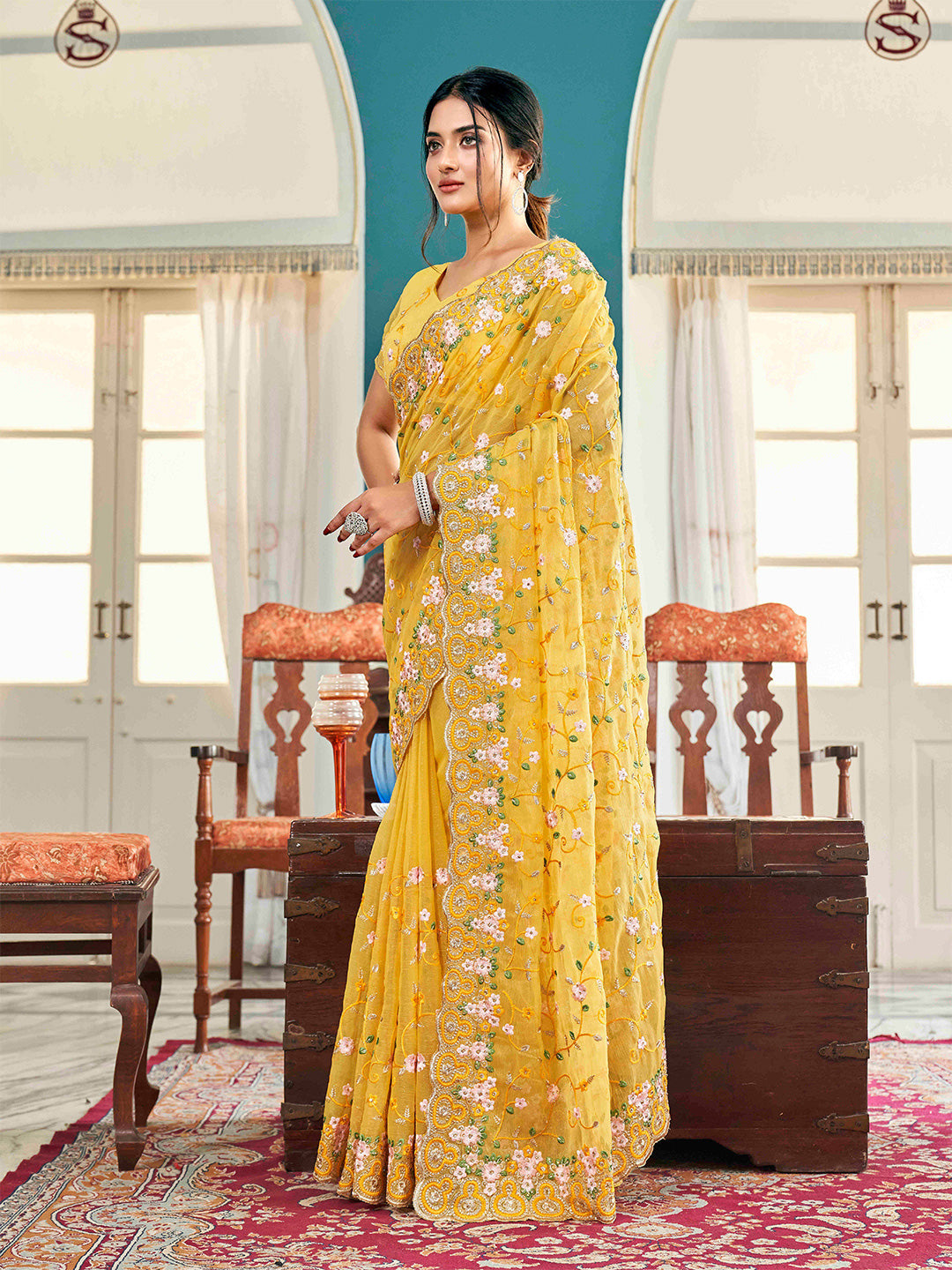 Tikhi Imli Yellow Ethnic Motifs Beads and Stones Embroidered Grab2Buy 