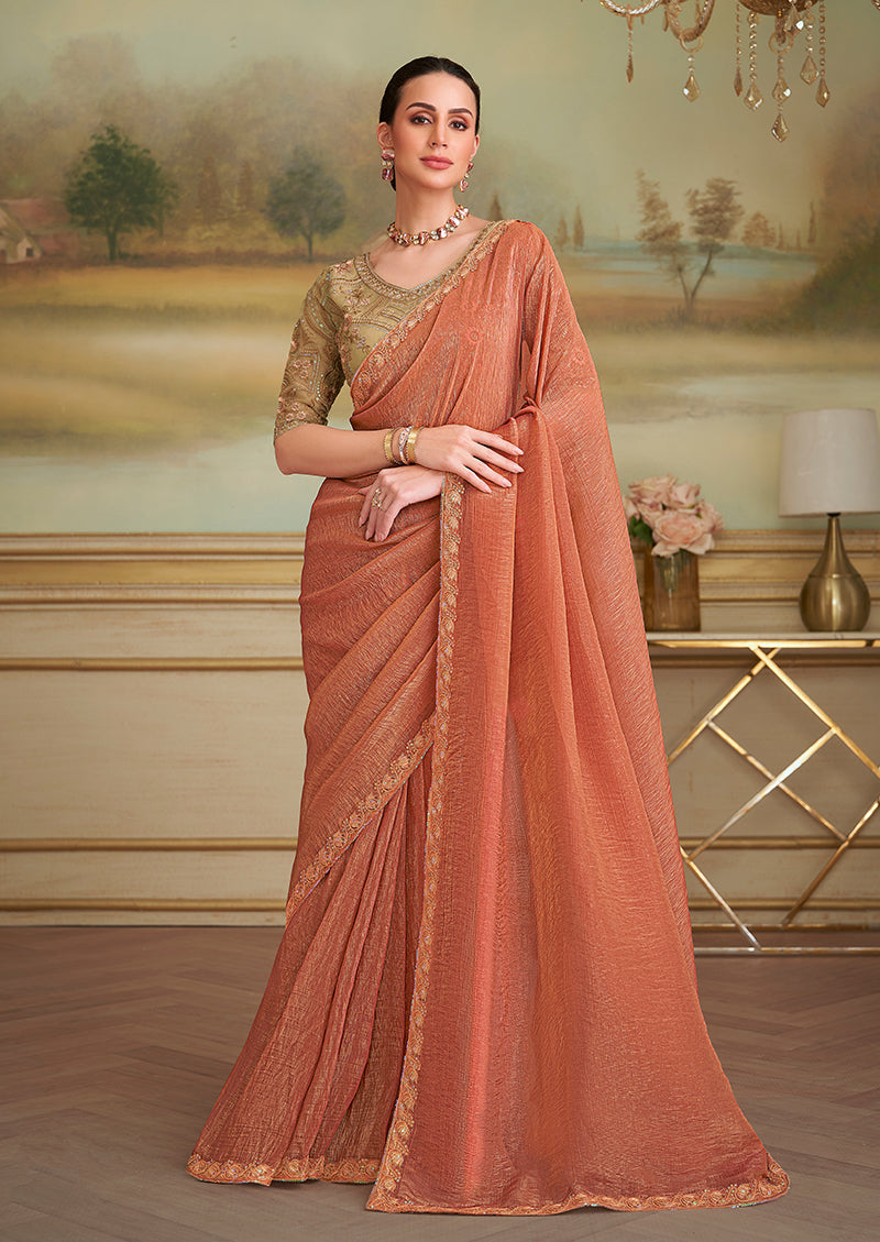 Monjolika Fashion Dark Peach Gold Georgette Embroidered Border Party Trendy Saree