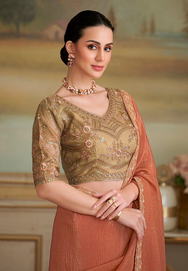 Monjolika Fashion Dark Peach Gold Georgette Embroidered Border Party Trendy Saree