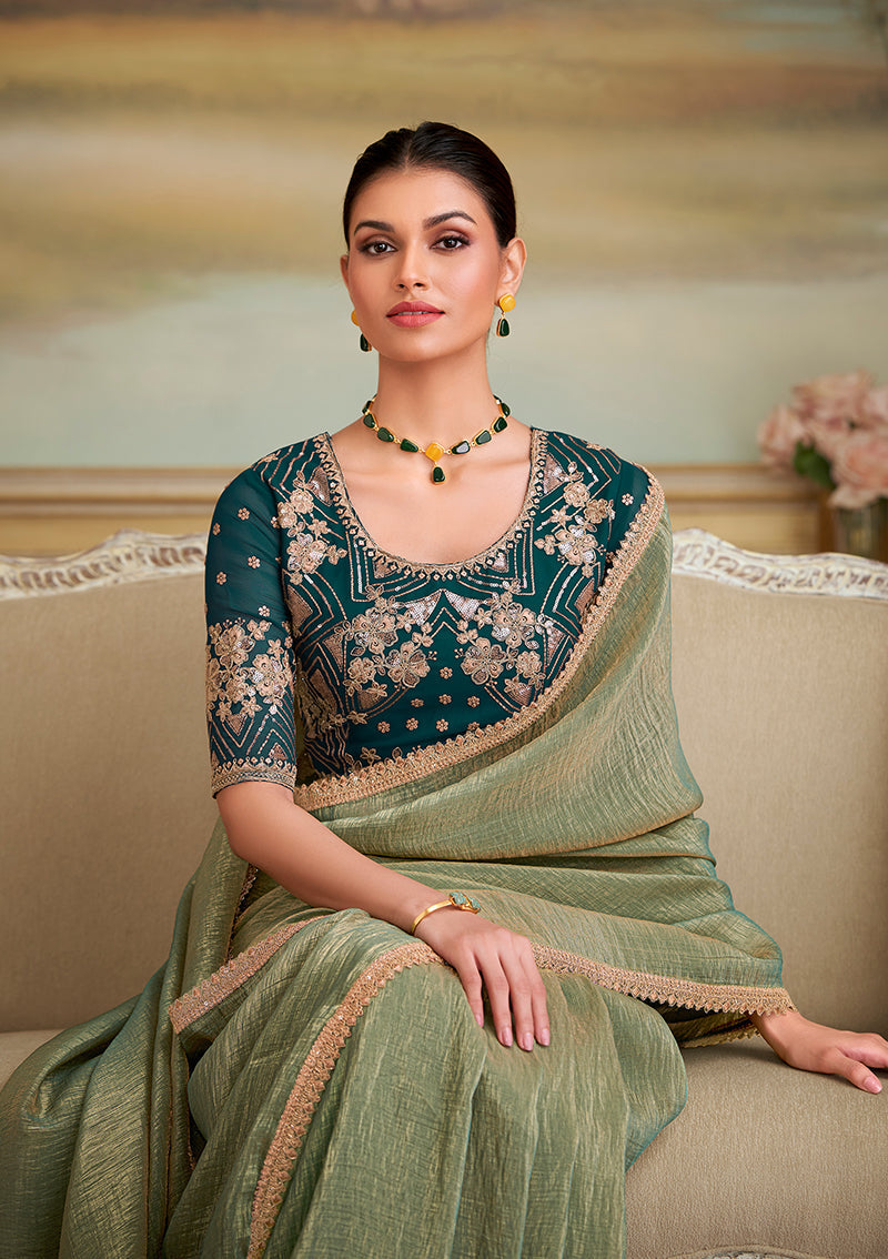 Monjolika Fashion Pista Green Gold Georgette Embroidered Border Party Trendy Saree