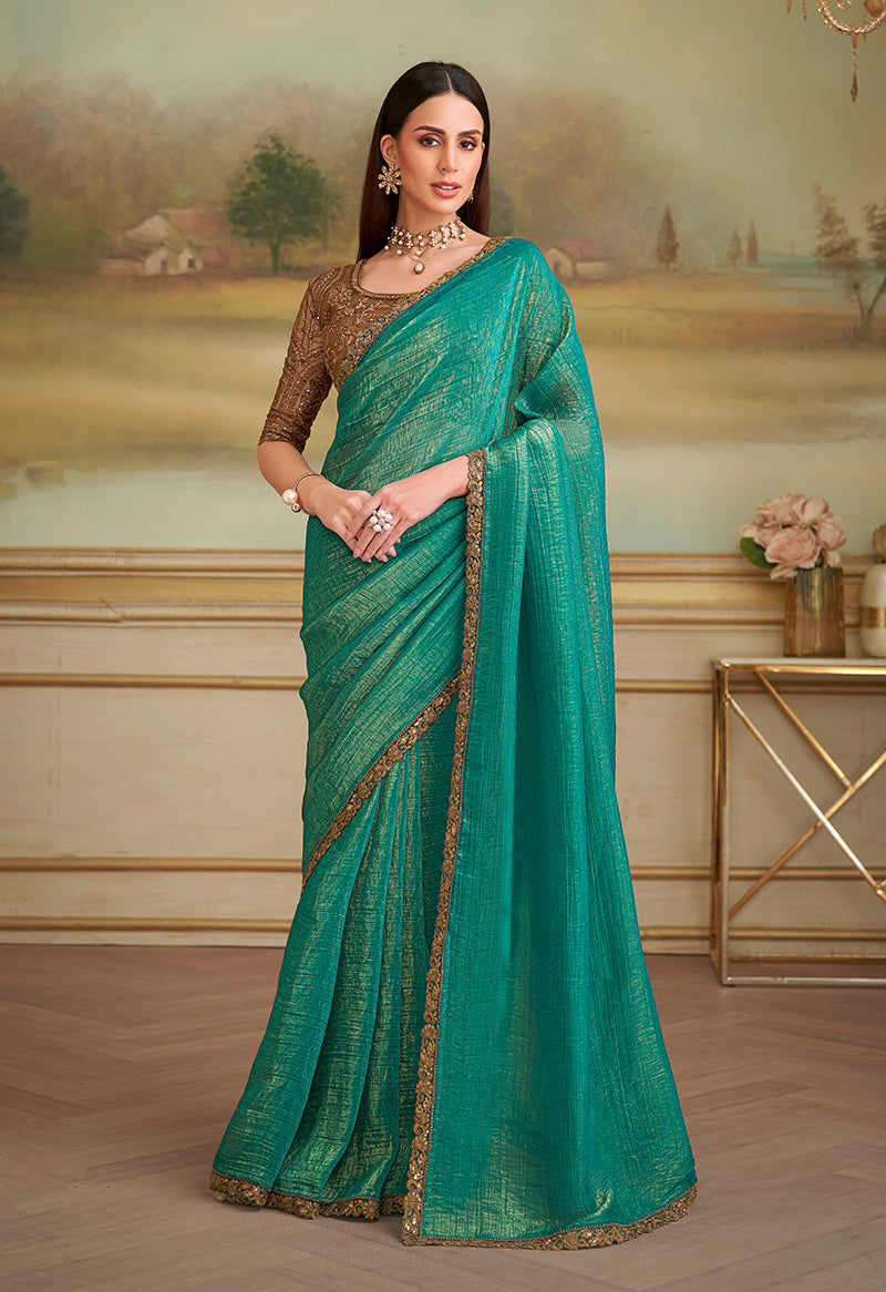 Monjolika Fashion Sea Green Gold Georgette Embroidered Border Party Trendy Saree