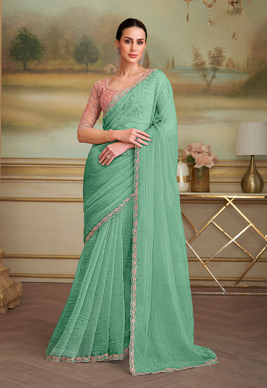 Monjolika Fashion Sky Blue Tissue Georgette Embroidered Border Party Trendy Saree